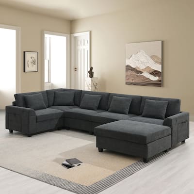 U Shaped Sectional Sofa w/Ottoman, USB, Armrest Storage, Cup Holders