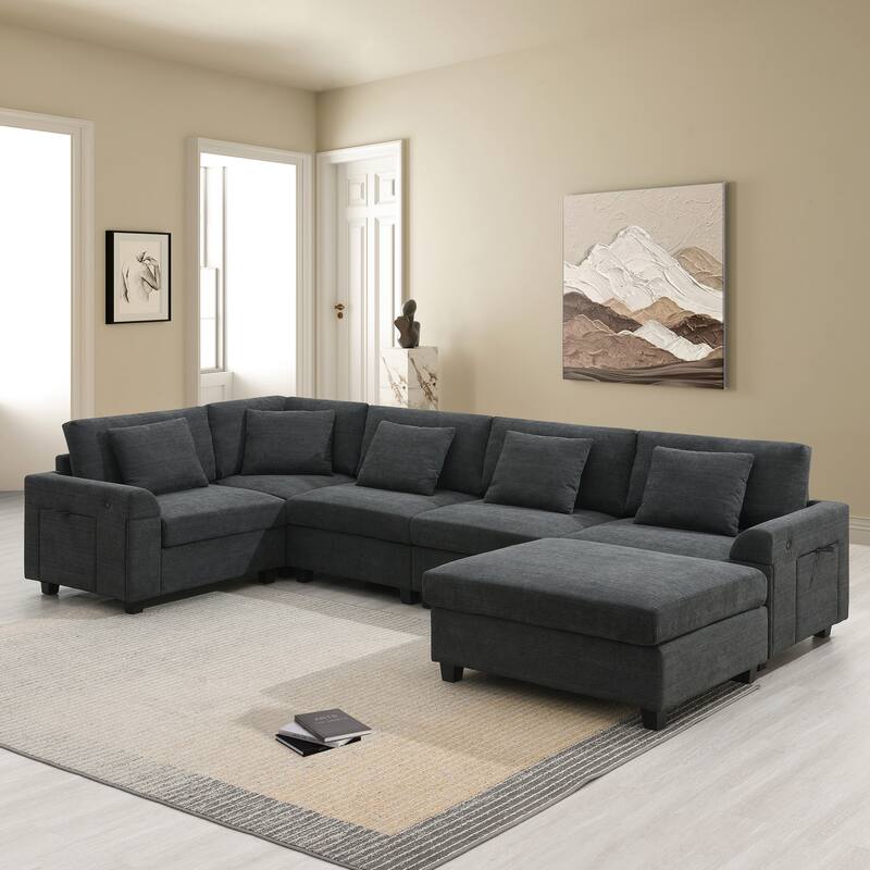 U Shaped Sectional Sofa with Ottoman, Chenille 6 Seater Sofa with Hidden Armrest Storage, Cup Holders & USB Charging Ports