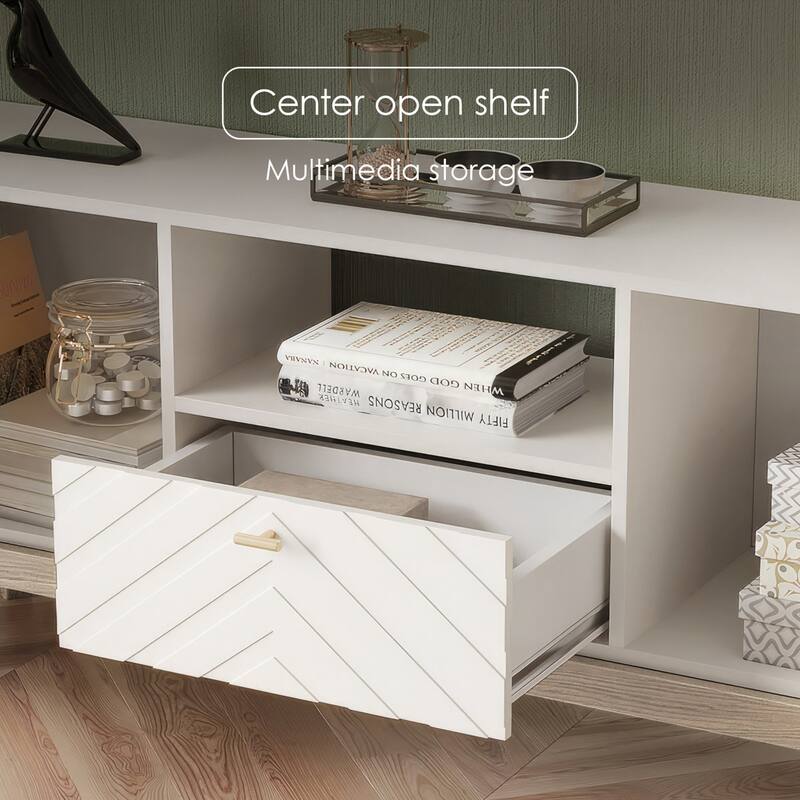 Living Skog Alba Beige TV Stand Console with Drawer Fits TV's up to 65 in. with Wood Legs Mid Century Modern Design