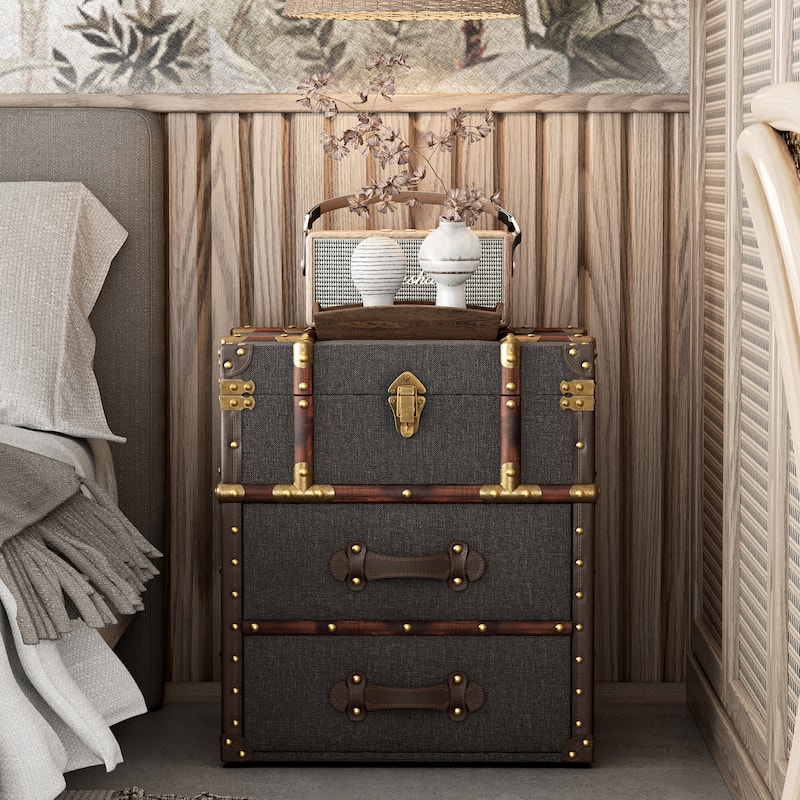 COZAYH Vintage Nightstand with Buckle Hinged Top, Linen Accent End Side Table for Living Room, Rectangle, Grey - Grey
