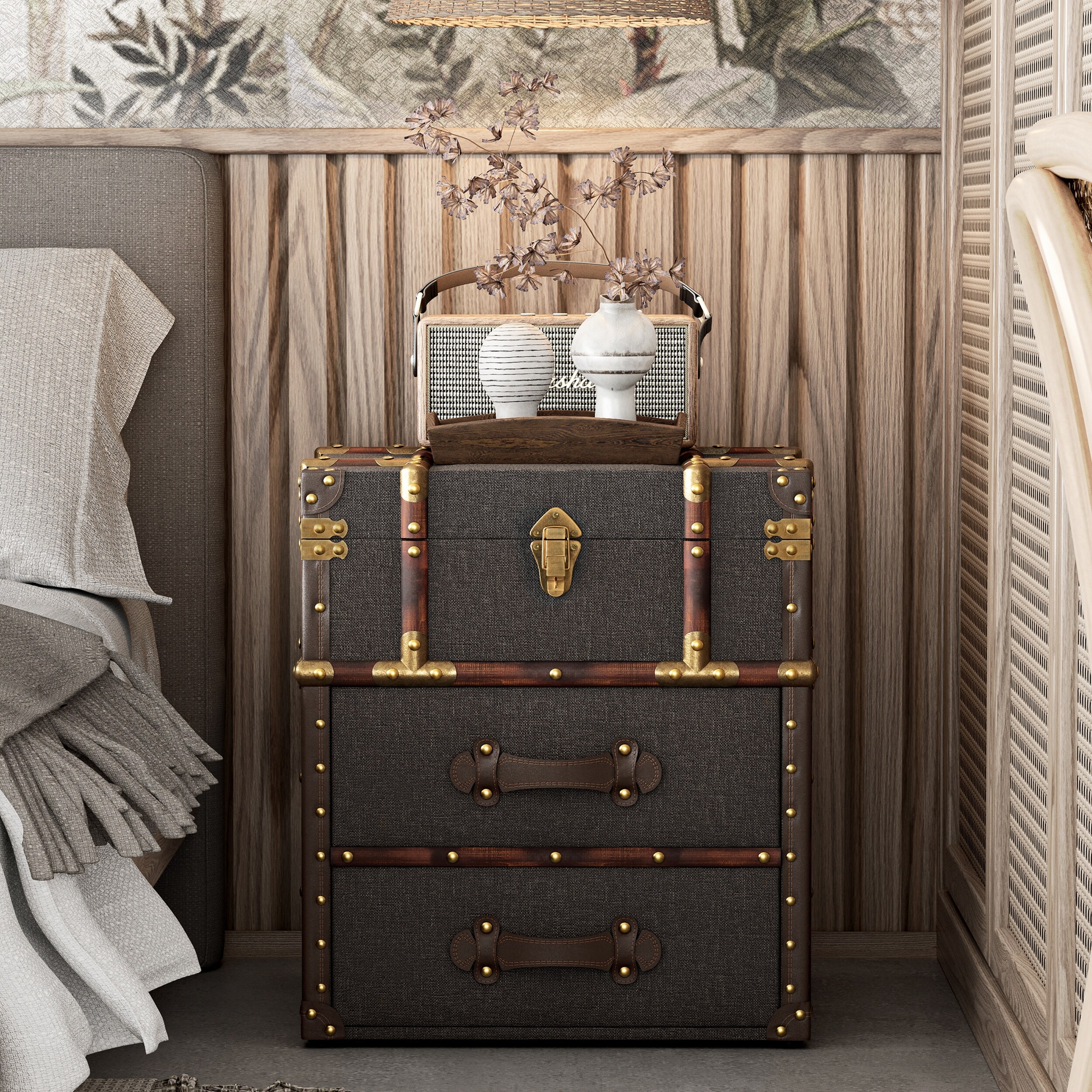 COZAYH Vintage Nightstand with Buckle Hinged Top Linen Accent End Side Table for Living Room Rectangle Grey