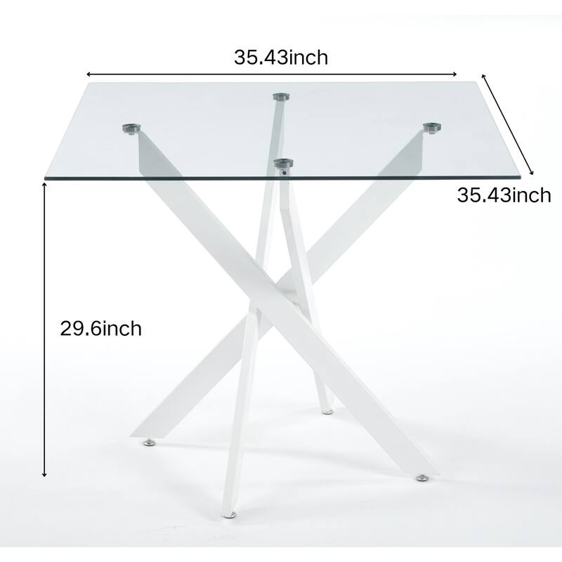 Square Glass Dining Table for 4 Person, Kitchen Table with Tempered Glass & Cross Metal Legs, Modern Leisure Coffee Table