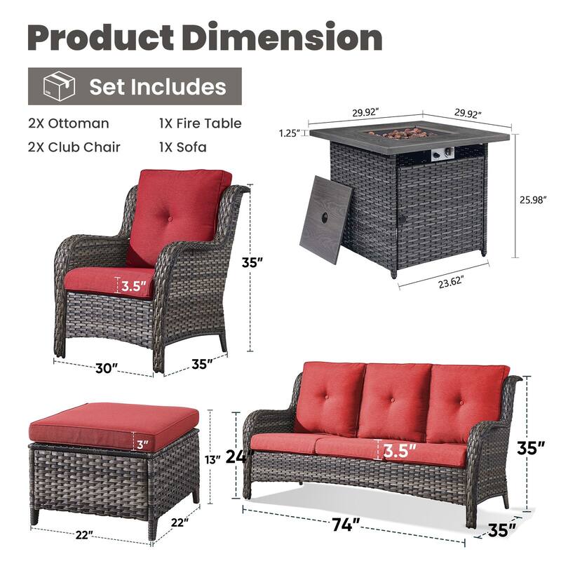 Gymojoy 6-Piece Outdoor Wicker Patio Furniture with Fire Pit Table, Rattan Coversation Set with Water Resistant Thick Cushions