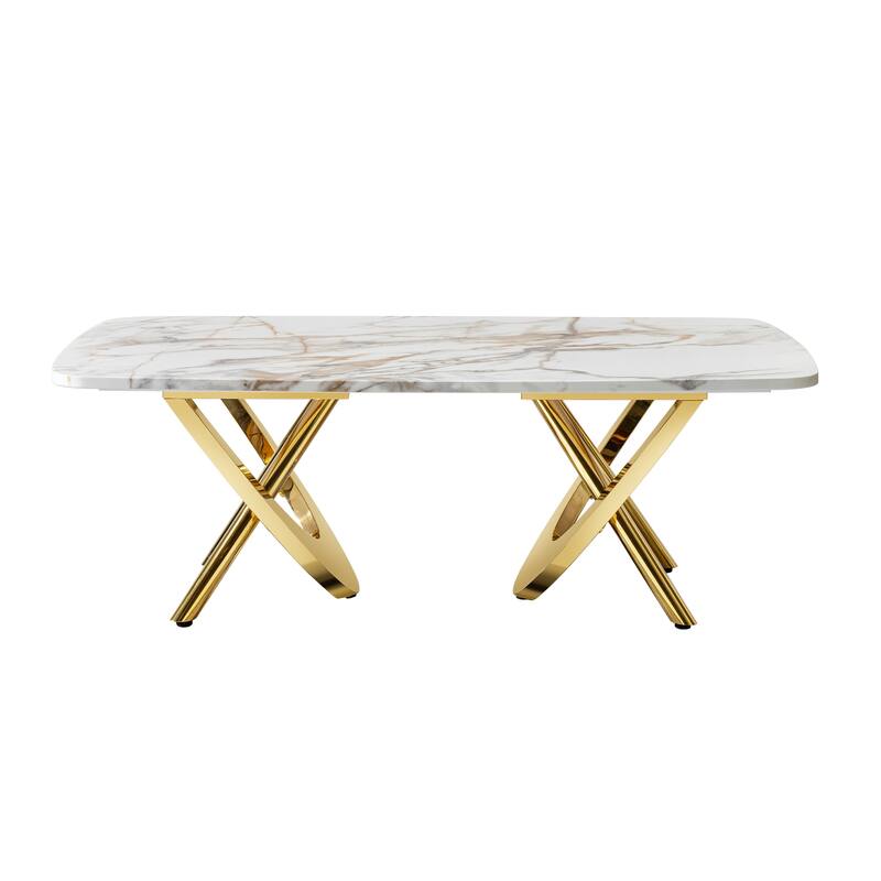 Gold Stainless Steel Marble Pattern Coffee Table 50.78" L x 27.16" W x 18.11" H for Living Room & Office