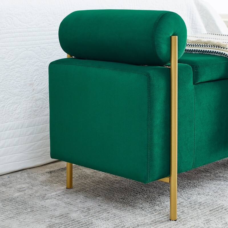 Morden Velvet Upholstered Storage Ottoman Bench, Elegant Footstool with Rolled Arms and Iron Legs for Bedroom, Hallway