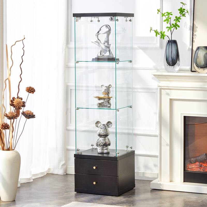 Roomfitters Glass Display Cabinet with 3 Adjustable Shelves and Soft-Close Drawers, Ideal for Storage, Black