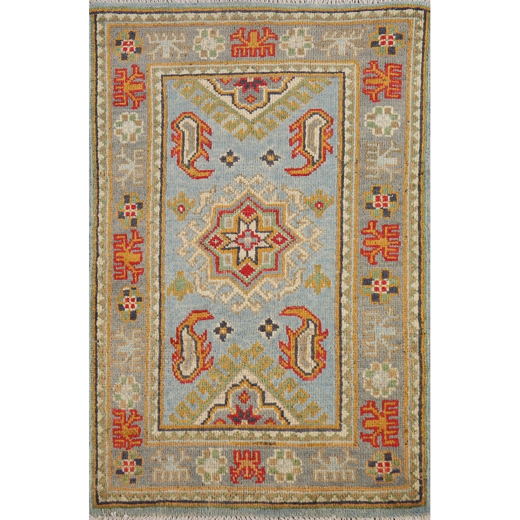 Geometric Kazak Oriental Accent Rug Hand-Knotted Wool Carpet - 2'0" x 3'0"