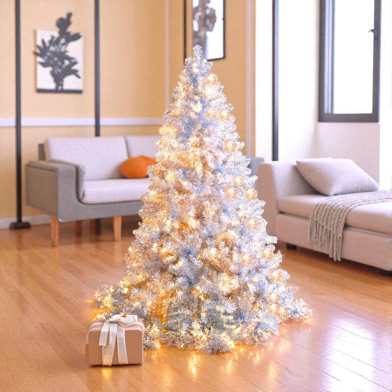 Silver Pre-Lit Artificial Christmas Tree 4FT/6FT/7.4FT with LED Lights, Hinged PVC Full Tree and Metal Stand