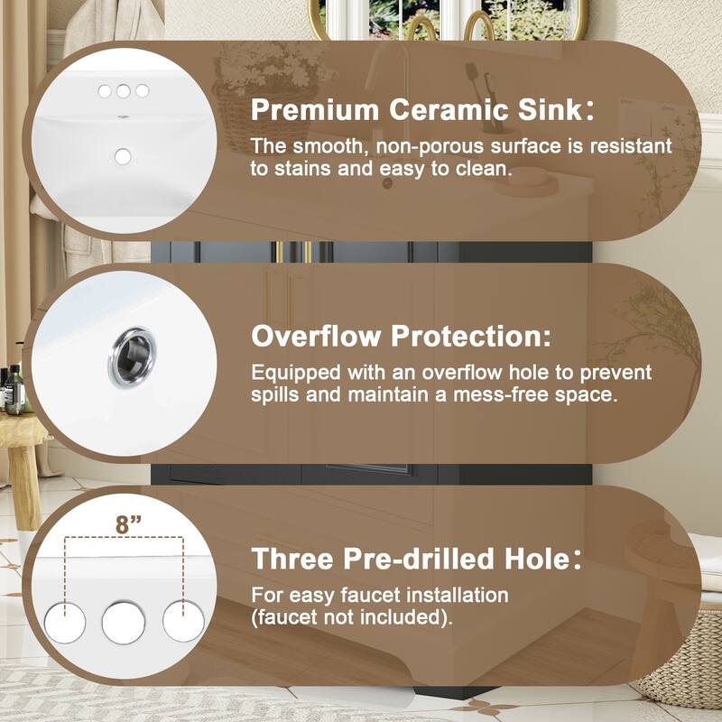 24"Bathroom Vanity with Sink, 1 Divided Drawer and 2 Soft Close Doors with Dual Door Storage Racks, Freestanding Vanity