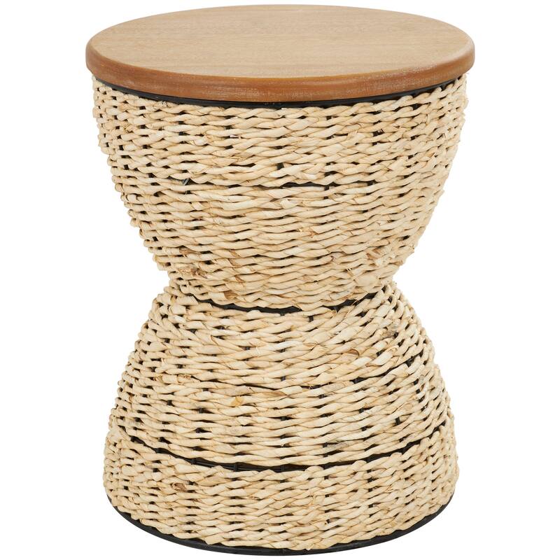 Light Brown or Brown Rattan Handmade Woven Side End Accent Table with Wood Tabletop and Black Frame