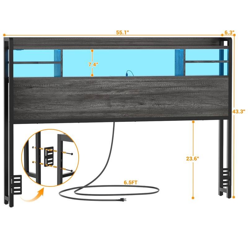 Storage Headboard with USB Port and Power Outlet, Head Board with LED Light for Bed Frame