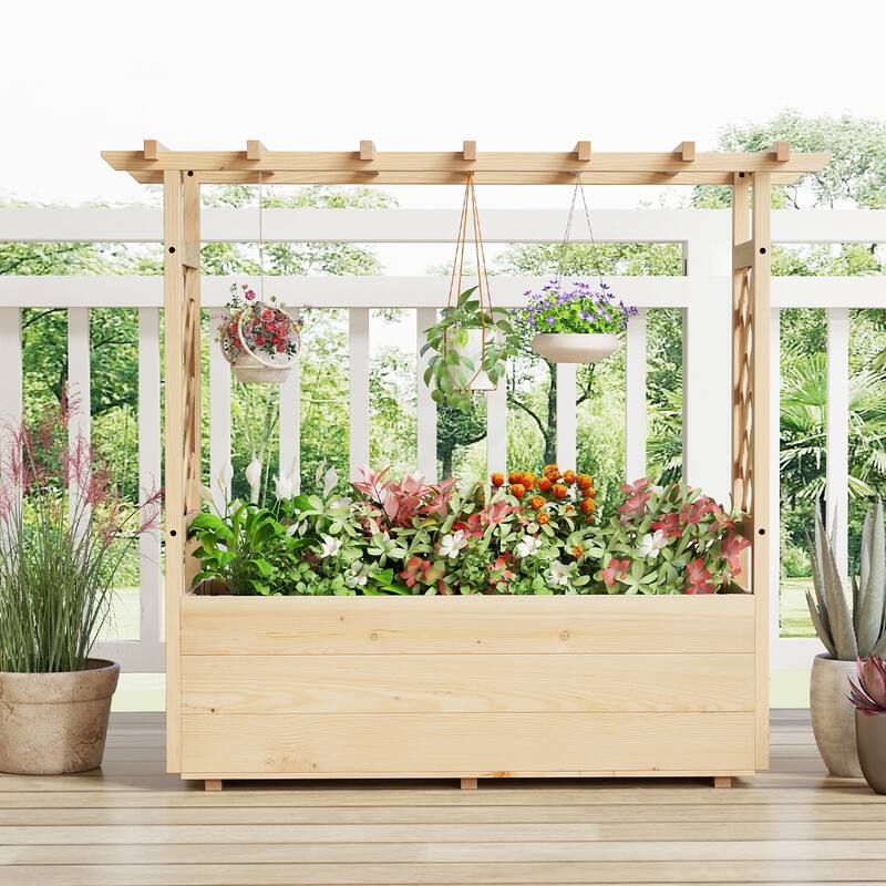 Gymax 2PCS Wooden Raised Garden Bed/ Lattice Trellises Hanging Roof