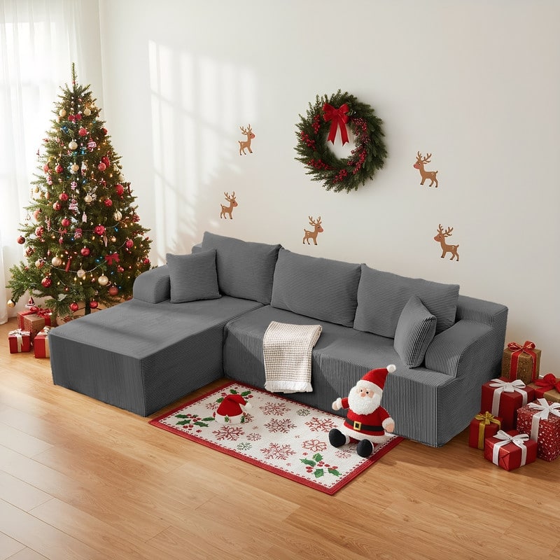 Mixoy 2-Pcs Free Combination Modular Sectional Sofas with Deep Seat,Corduroy L-Shaped Sofa with Chaise Lounge - 3-Seater - Grey - Reversible