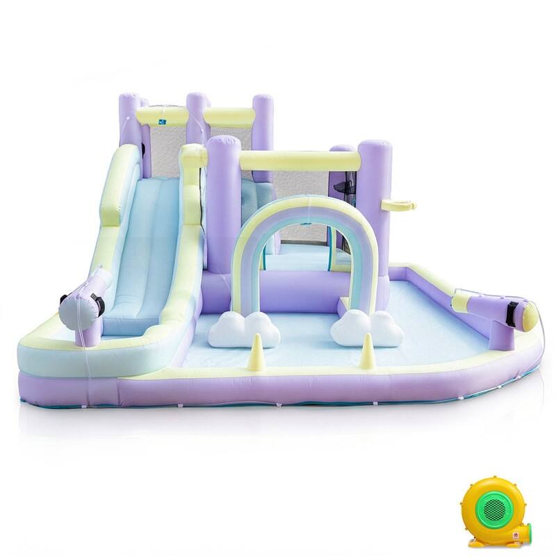 Oxford Cloth Rainbow Inflatable Water Bounce Castle In Pink And Purple With Slide And Climbing Wall - N/A - 5-7 Years
