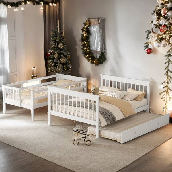 slide 2 of 20, Twin-over-Full Bunk Bed with Twin size Trundle, Storage and Guard Rail for Bedroom, Dorm, for Adults White