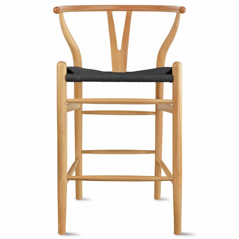 Solid Wood Countertop Height Barstool with Open Y Back Farmhouse Woven Organic Chair For Kitchen Bedroom Designer - N/A - Natural