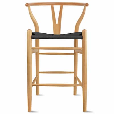 Solid Wood Countertop Height Barstool with Open Y Back Farmhouse Woven Organic Chair For Kitchen Bedroom Designer - N/A