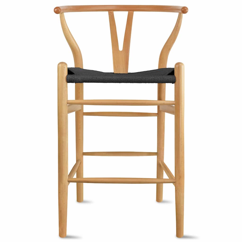 Solid Wood Countertop Height Barstool with Open Y Back Farmhouse Woven Organic Chair For Kitchen Bedroom Designer - N/A