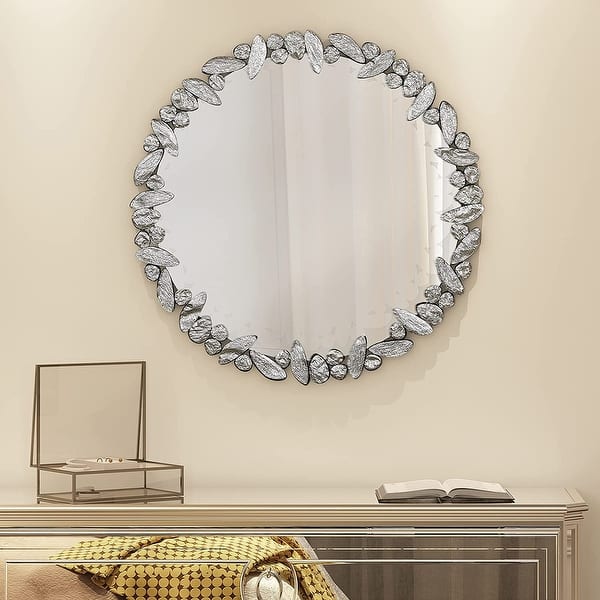 KOHROS Modern Round Silver Crystal Frame Decorative Wall Mirror