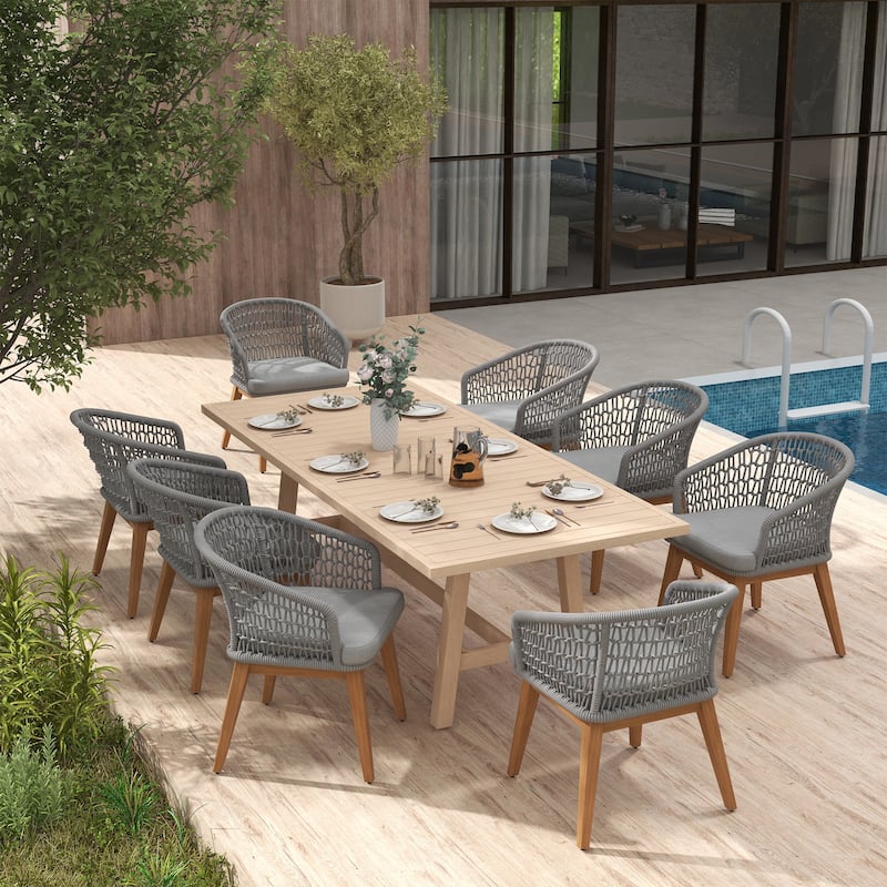 Outdoor 9-Piece Woven Rope Dining Chair and Wood Table Set