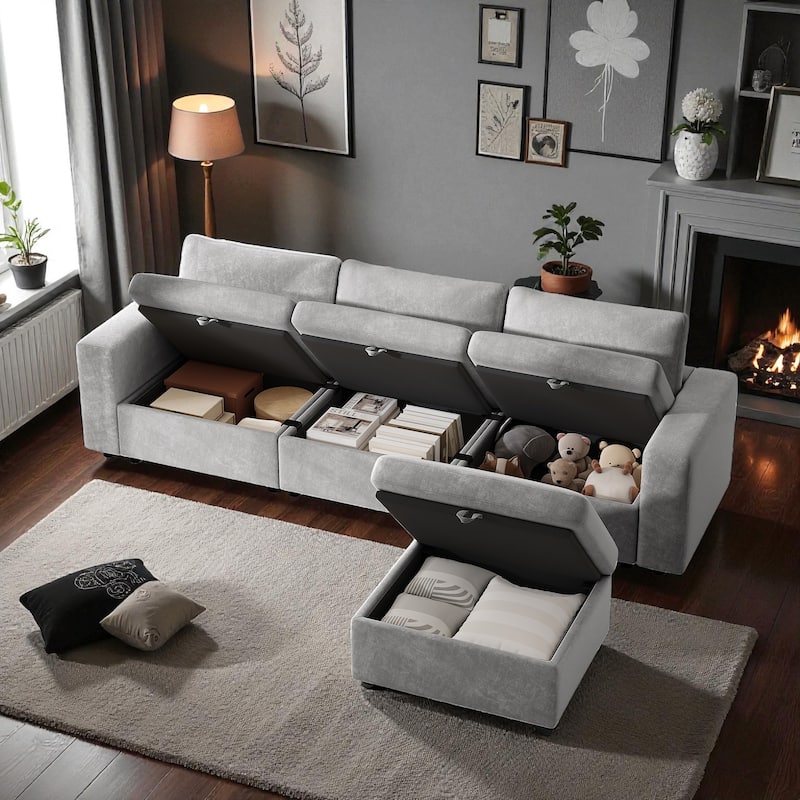 118" Oversized L-Shaped Velvet Sectional Sofa with Storage Ottoman, Removable Pillows, Cloud Couch for Living Room and Bedroom