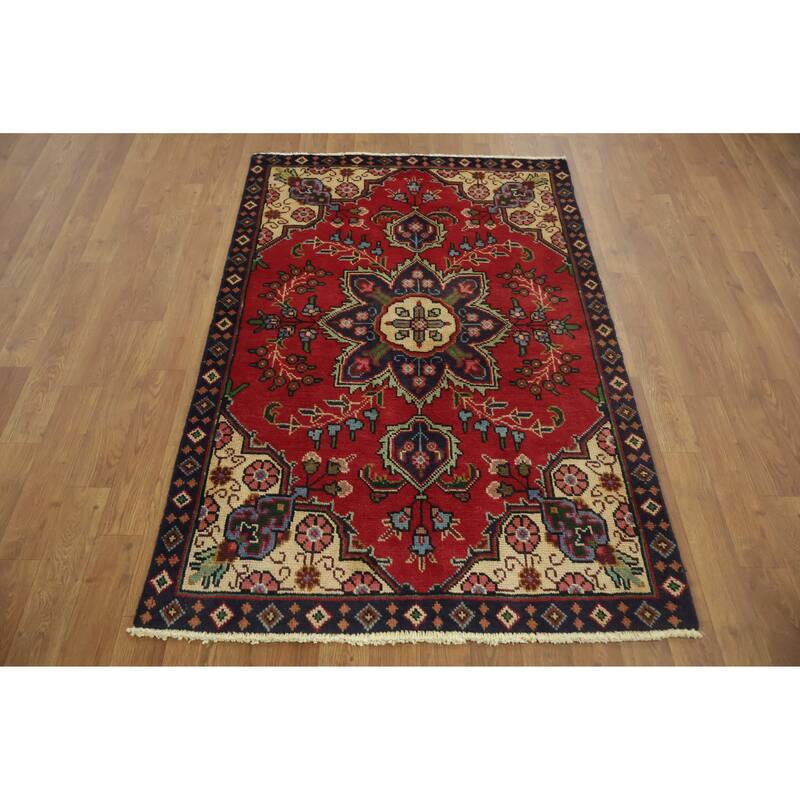 Hand Knotted Oriental 100% Wool Carpet Traditional Geometric Red Tabriz Area Rug - 4' 9'' X 3' 2''