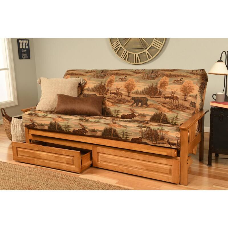 79 in. Butternut/Canadian Polyester Upholstered Full Size Futon Set with Mattress and Storage Drawers