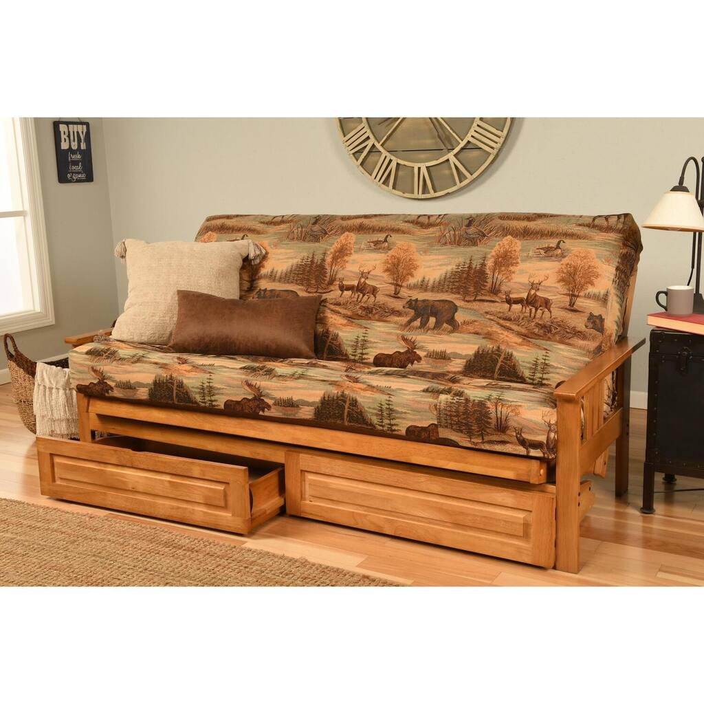 79 in. Butternut/Canadian Polyester Upholstered Full Size Futon Set with Mattress and Storage Drawers