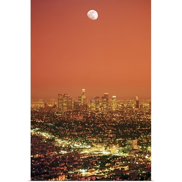 "Los Angeles Civic Center sprawl under moon sunset" Poster Print