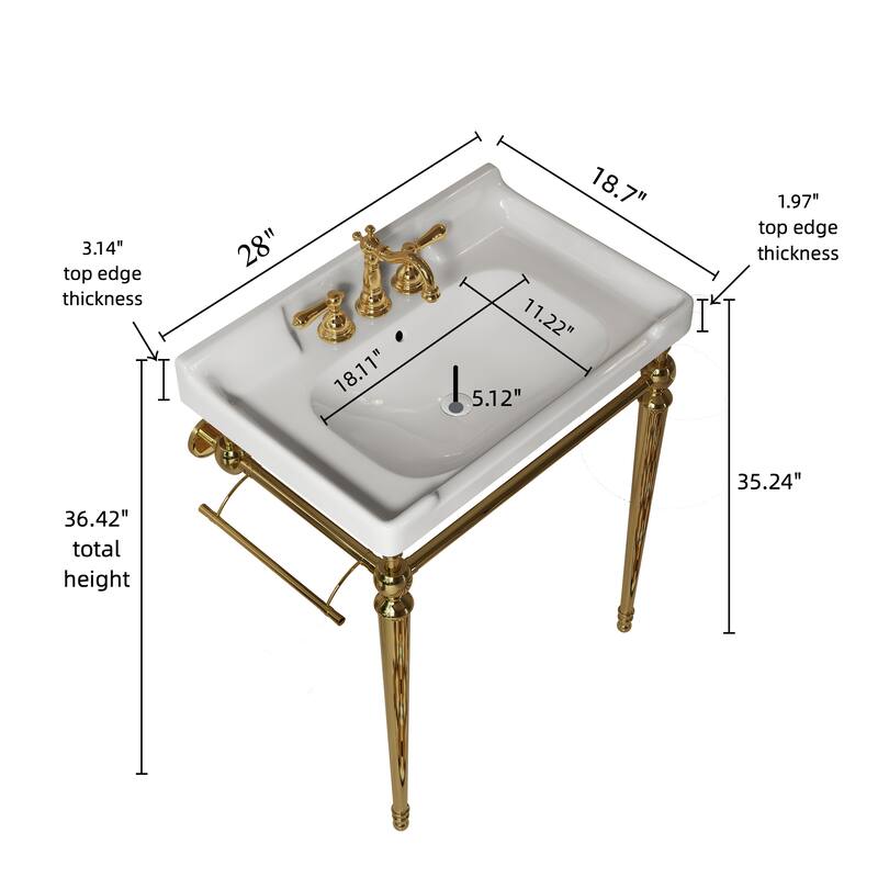 28" Bathroom Console Sink, Wall-Mounted White Ceramic Vanity Basin with 3 Pre-drilled Faucet Holes