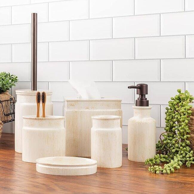 Creative Scents Rustic Luxe Farmhouse Bathroom Accessories Set of 4 - Beige