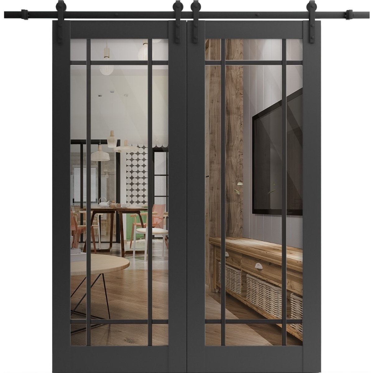 SARTODOORS Lucia 2266 Black Matte Wood Double Sliding Barn Doors with Clear Glass