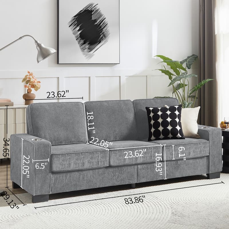 83.86"Corduroy Fabric sofa,Modern Compressed Couch,3-Seater Sofa, Furniture