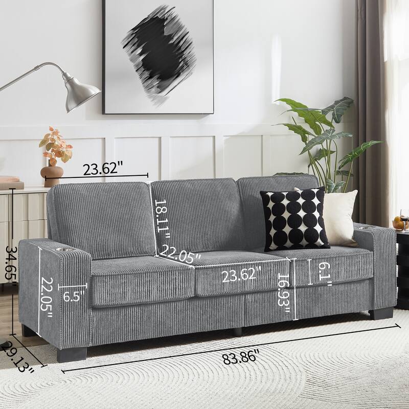 Corduroy Fabric Deep Seat Sofa, Cloud Sofa with Washable Backrest Cushion, 3 Seater Sofa with 2 Cup Holders & Square Arm