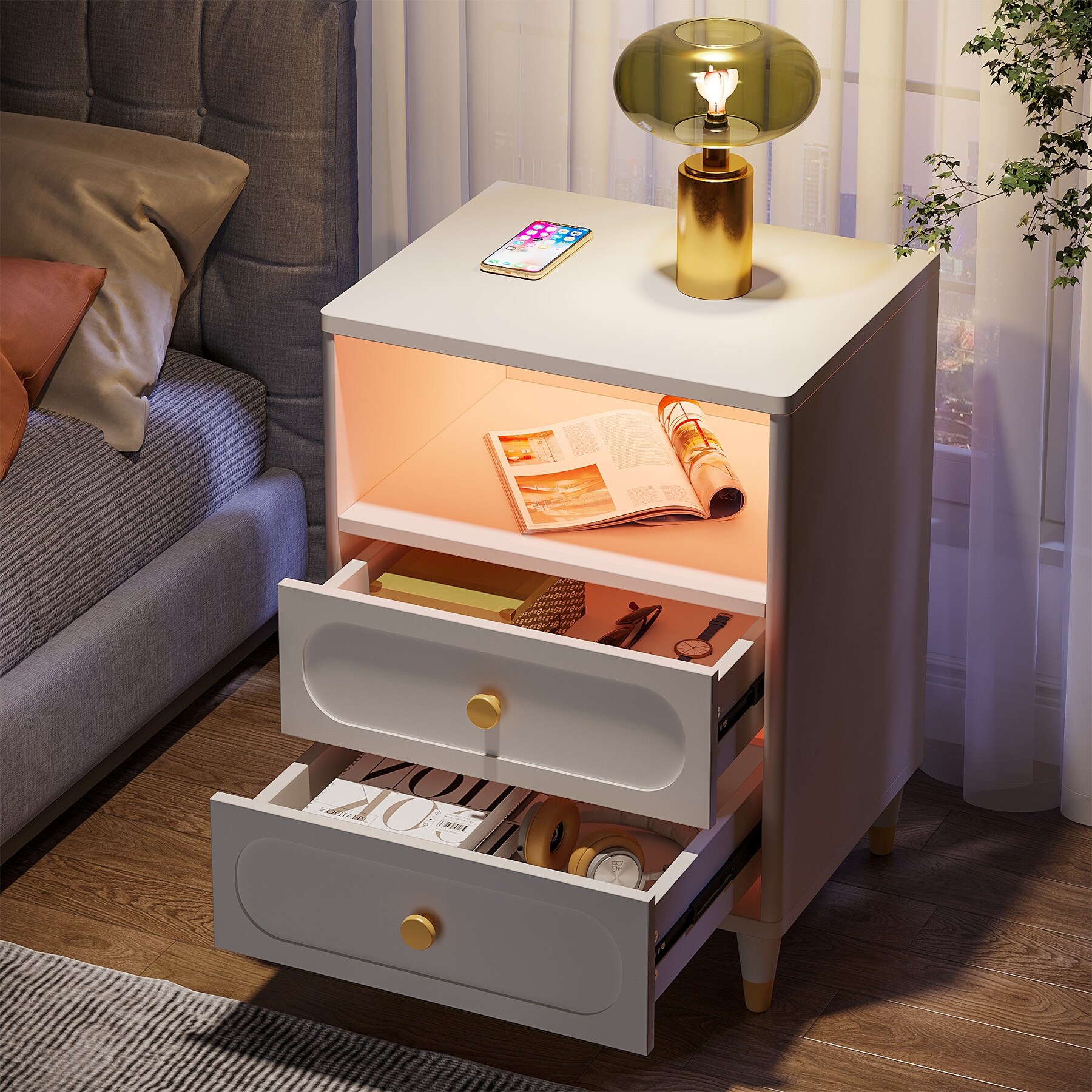 LED Nightstand, 2-Drawer Nightstand Bedside table with Shelf