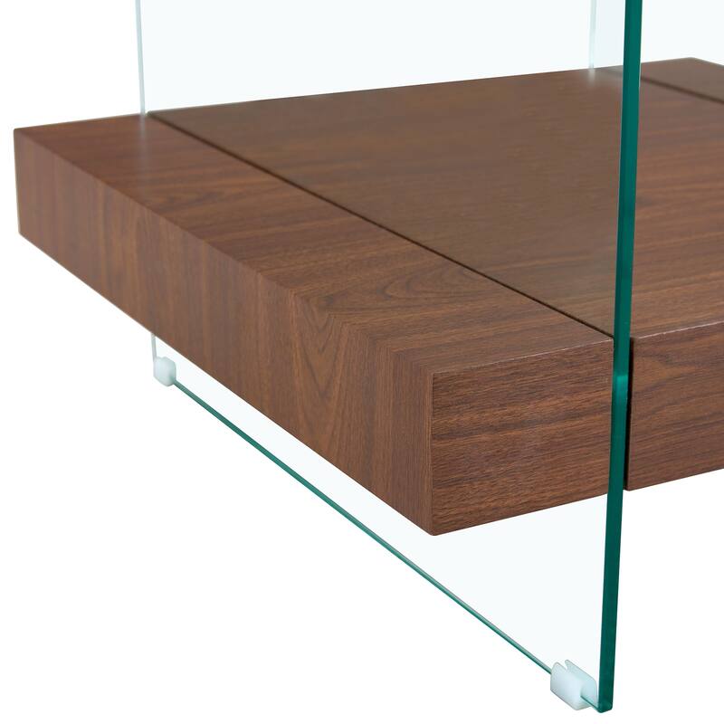 Roomfitters Square Glass Coffee Table with Walnut Finish, Two-Tier Modern Accent Table for Compact Spaces