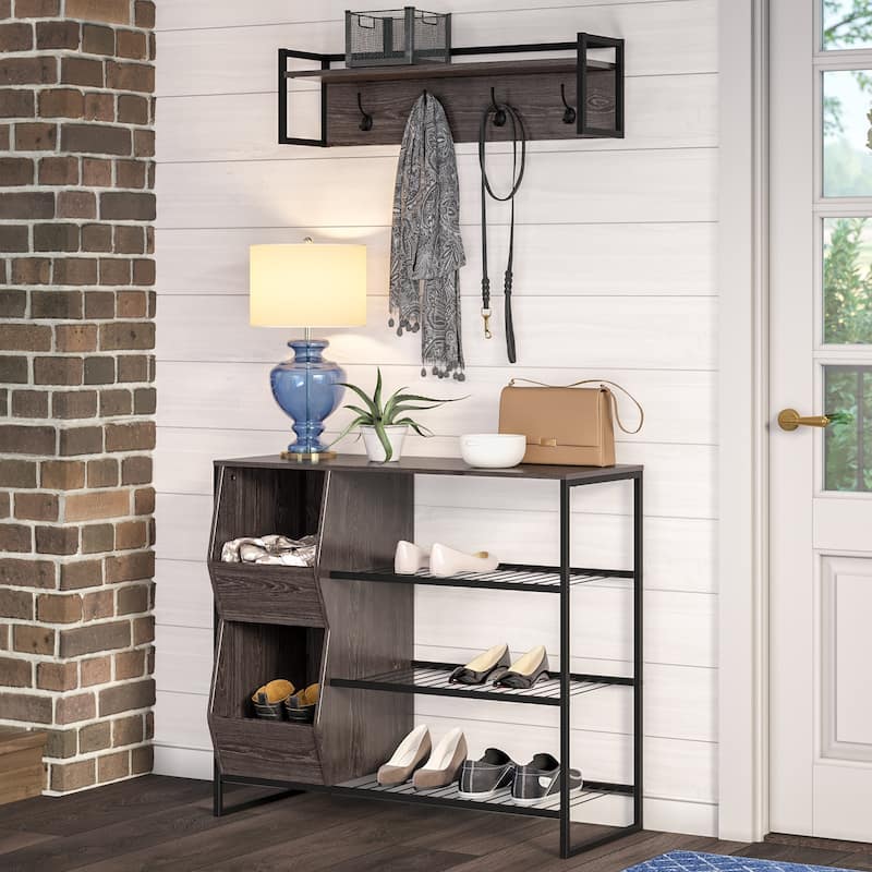 RiverRidge Afton 4-Hook Wall Mount Entryway Organizer Coat Rack Hanger - Weathered Woodgrain and Dark Brown Hooks