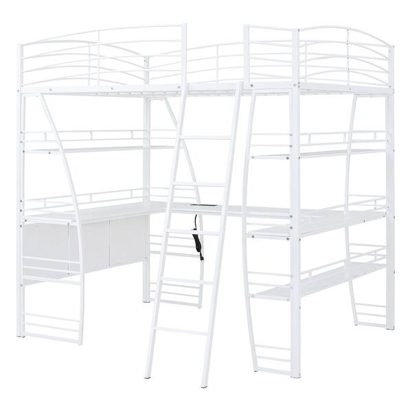slide 2 of 12, White Curved Guardrail Loft Storage Beds w/ Shelves & L-Shaped Desk, Full Platform Bed w/ USB Ports, Sockets, Wireless Charging White - Full