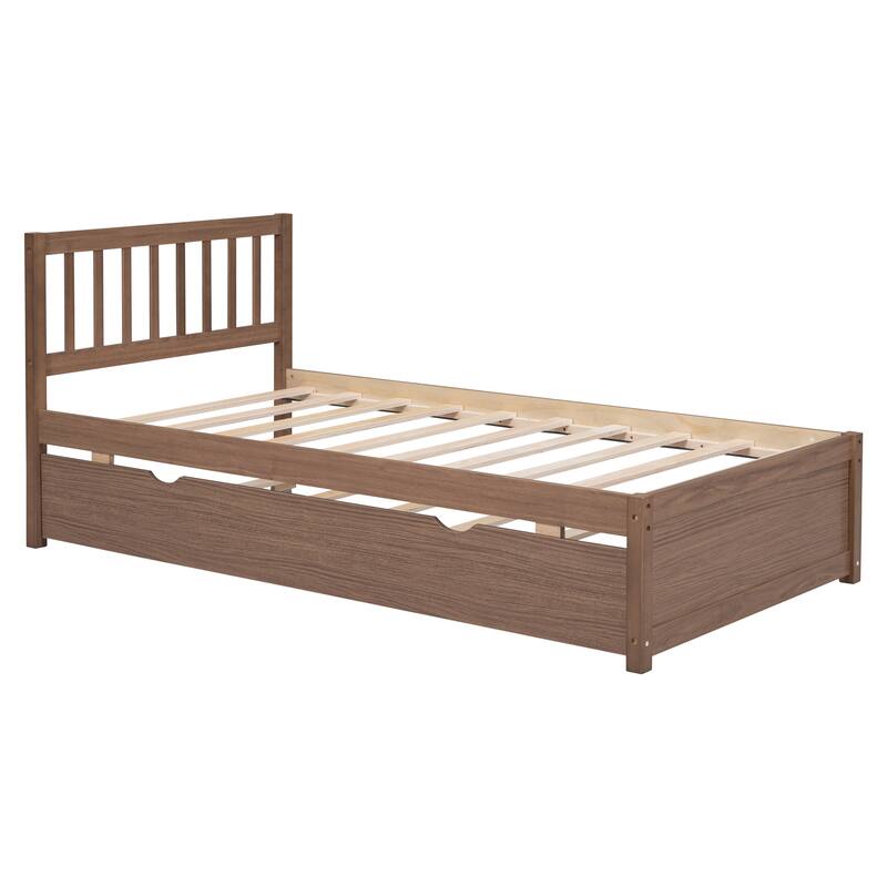 Brown Walnut Rubberwood Twin Platform Bed with Trundle, Sleek Design, No Box Spring Needed