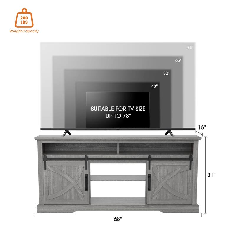 68" Farmhouse Grey Sliding Barn Door TV Stand with Storage Open Compartment