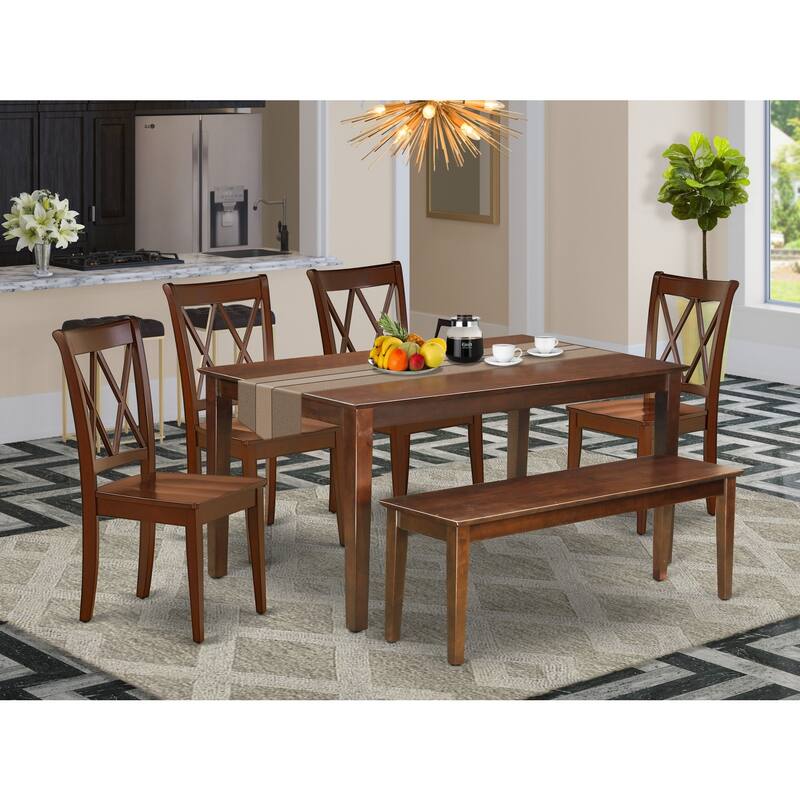 HomeStock 6-Piece Rectangle Mahogany Finish Solid Wood Top Dining Table with 1 Bench, 4 Chairs with Cross Back
