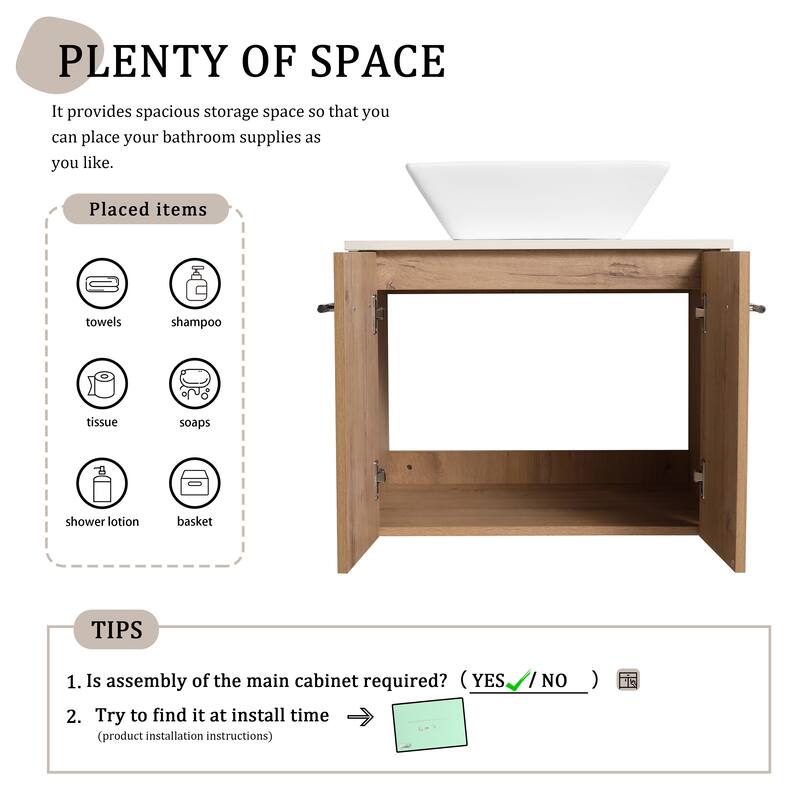 Beingnext 24"/30" Single Bathroom Vanity with Sink, Floating Bathroom Vanity with 2 Soft Close Doors
