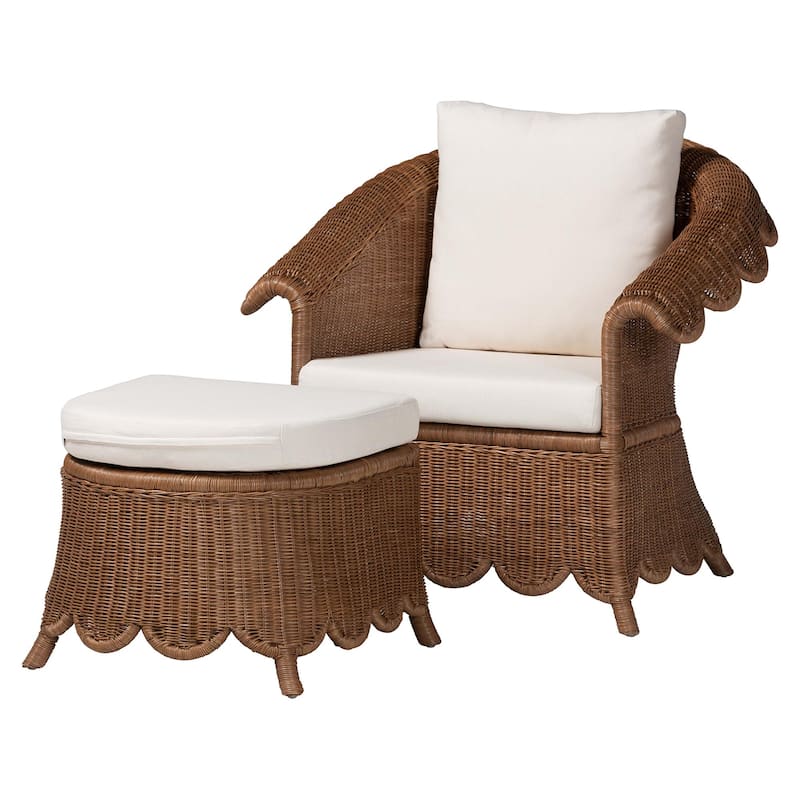 Detta Natural Rattan Armchair and Ottoman Set - 2-Piece Handwoven Wicker Lounge Seating with Scalloped Skirt Base and Arms - Peanut Brown