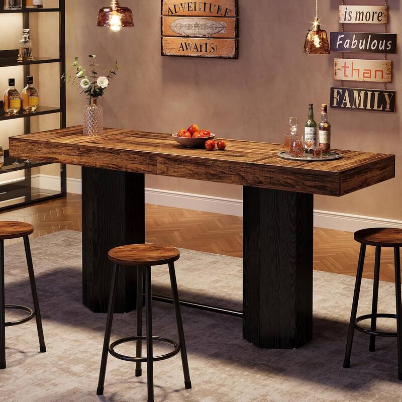 Industrial Bar Table, 70.9" Long Counter Height Pub Table with Sturdy Base - Black Brown