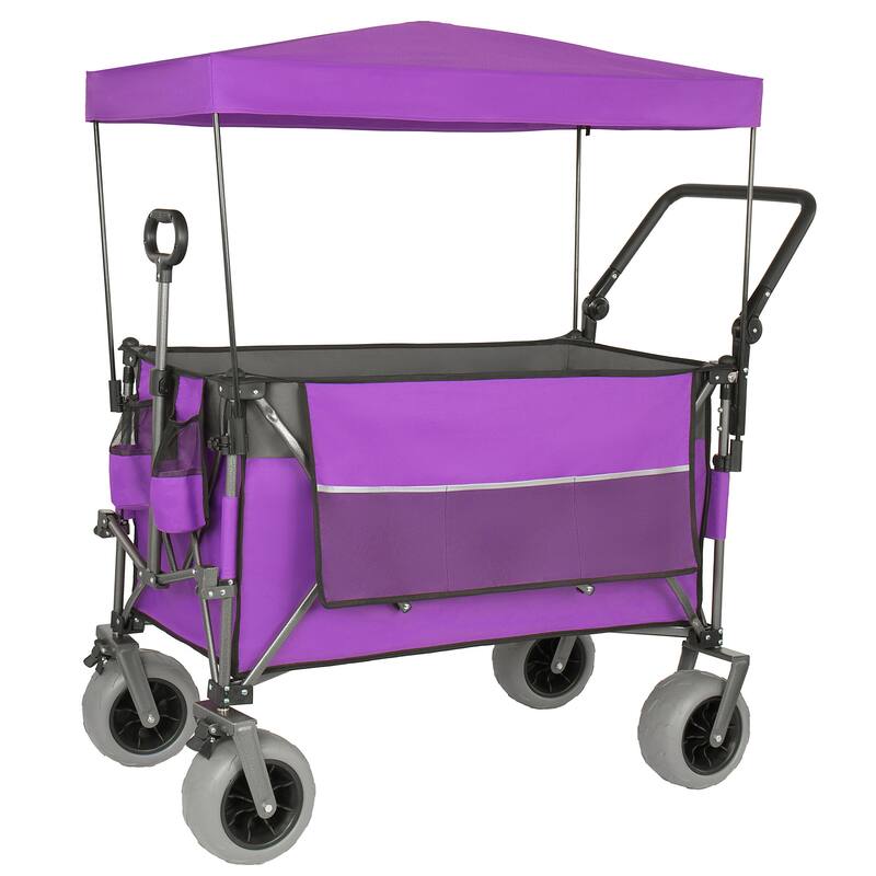 Multi-Functional Push-Pull Folding Wagon Cart with Rotating Handle & Canopy, 9"x4" Beach Tires, 300L Large Capacity