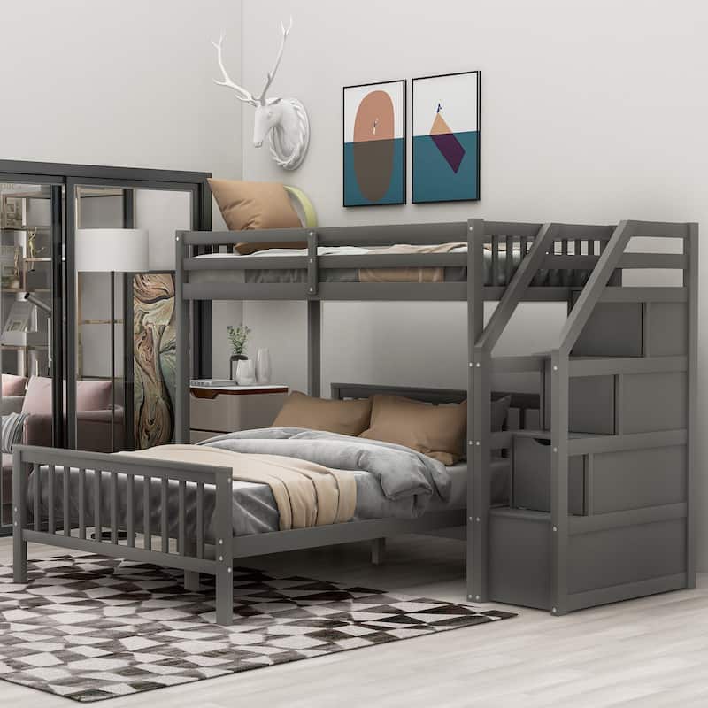Twin over Full Loft Bed with Staircase,Gray - Gray