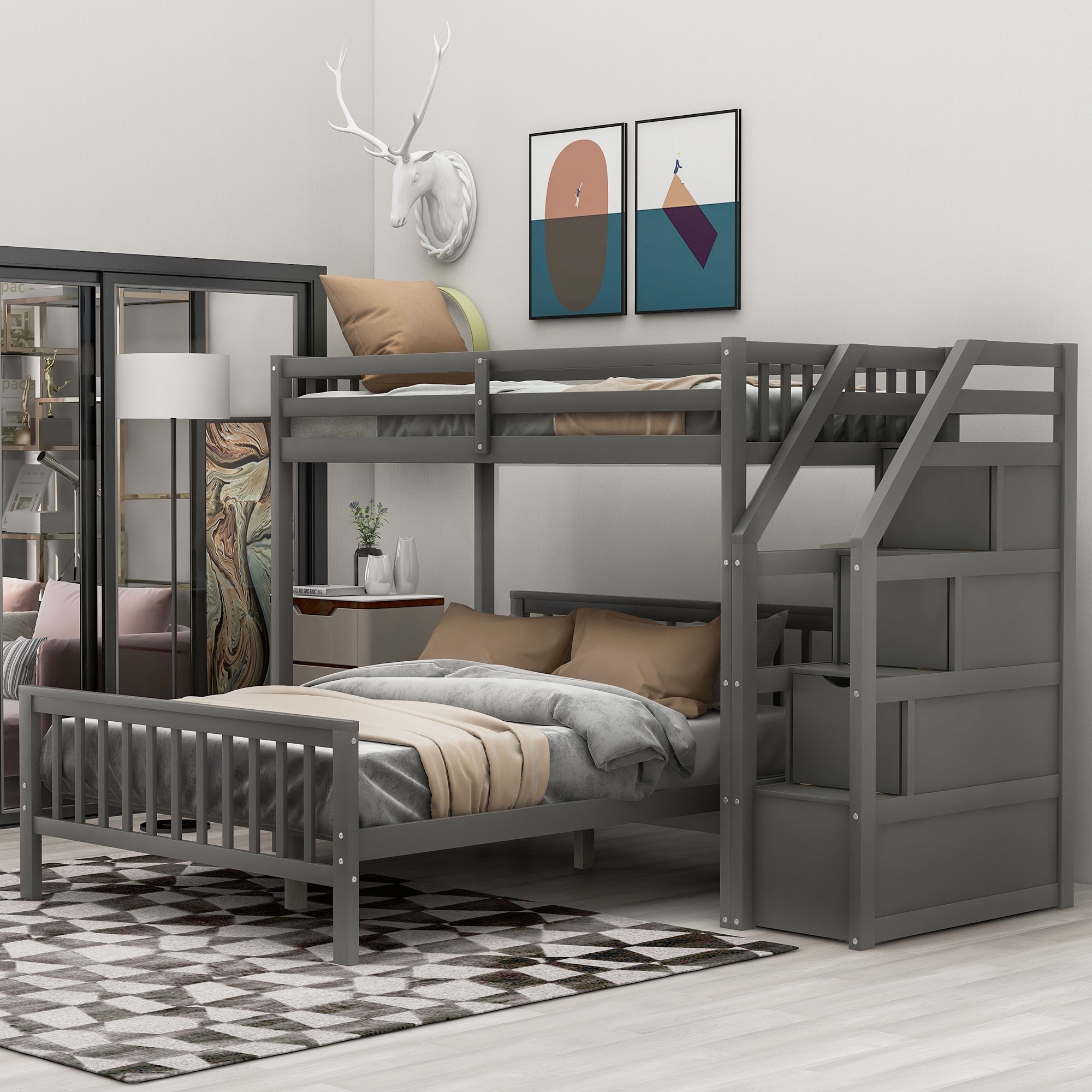 Twin Over Full Pine Wood+MDF Loft Bed With Staircase Large Enough - Bed ...