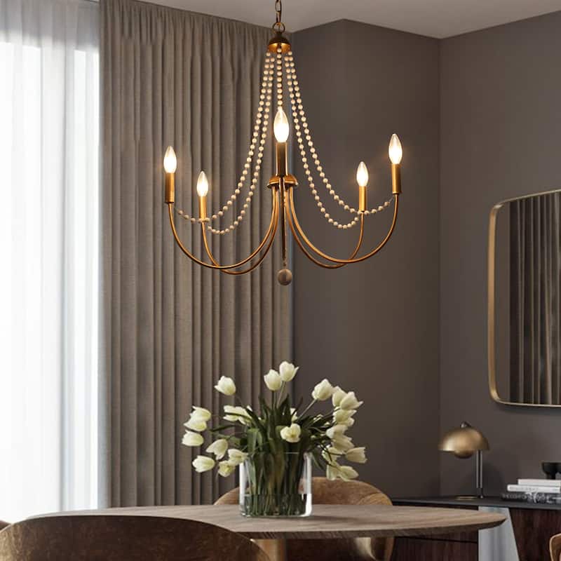Alisar Mid-century Modern 5-Light Candle Classic Chandelier Wood Beaded Brass Bedroom Pendant