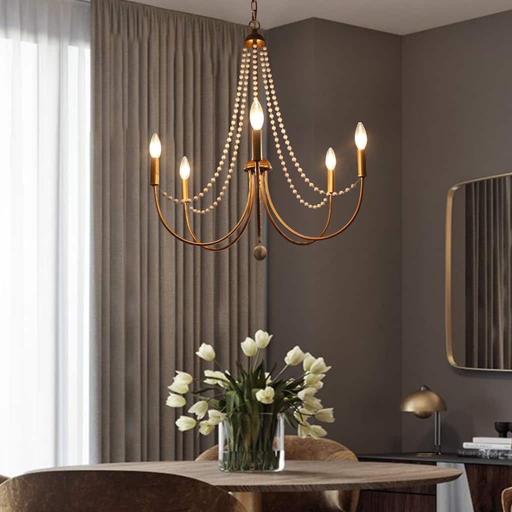 Alisar Mid-century Modern 5-Light Candle Classic Chandelier Wood Beaded Brass Bedroom Pendant