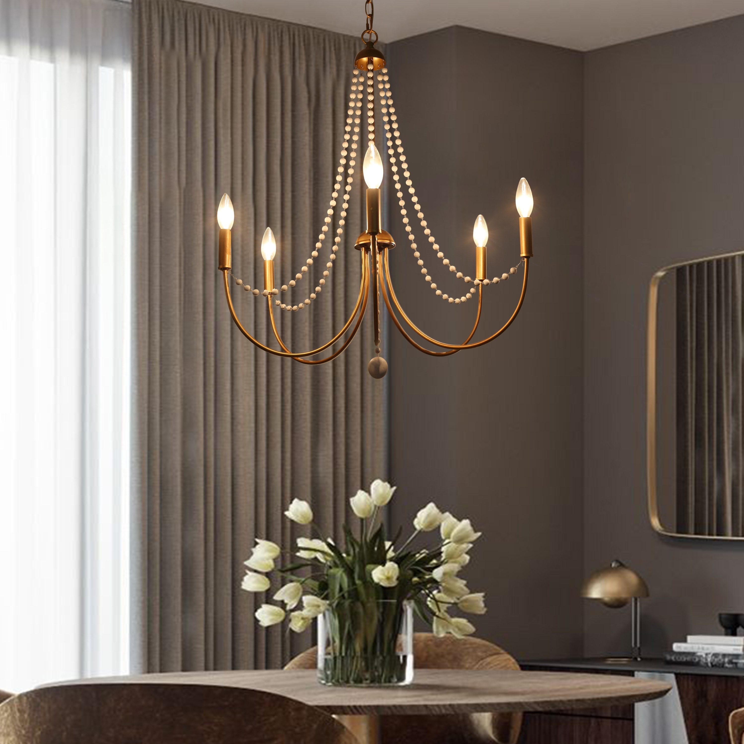 Laluz 5 Light Mid Century Modern Wooden Draped Bead Chandelier